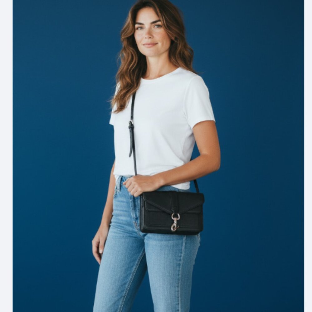 Rebecca Minkoff MAC Crossbody Bag Black Leather Dog Clip Flap Medium